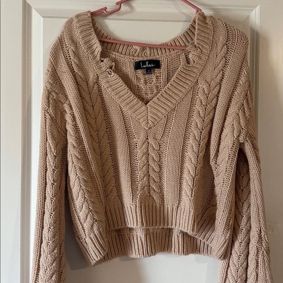 Lulu's Women's V-Neck Cable Knit Sweater - Beige - Picture 3 of 3